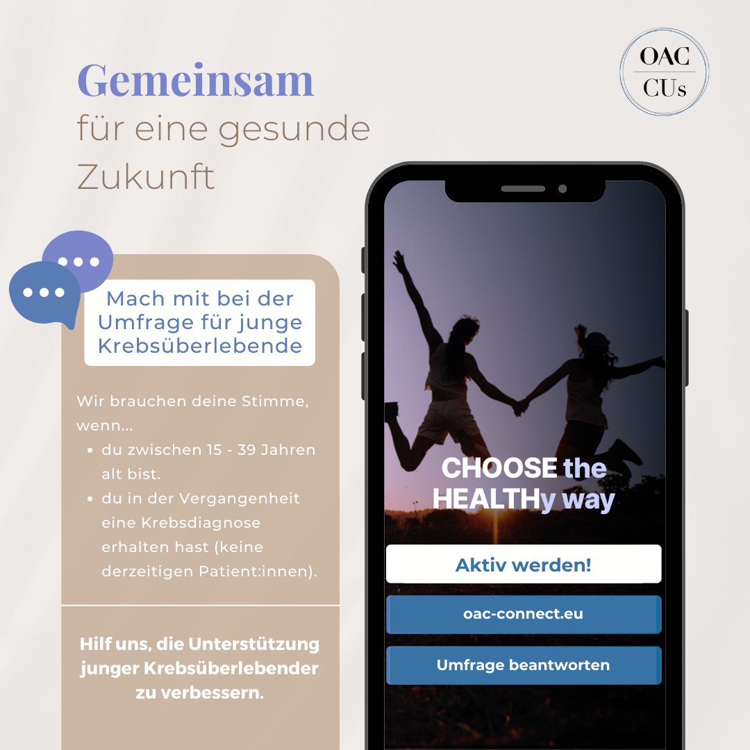 Hilf uns, einen positiven Unterschied im Leben junger Krebsüberlebender zu machen. 💪 Hier geht's zur Umfrage: oac-connect.eu/survey/de
<a href="/EU_Commission/">European Commission</a> <a href="/EU_HaDEA/">HaDEA</a> <a href="/OACconnectsUS/">Outdoor Against Cancer Connects us</a> 

#OACCUs #Umfrage #Krebsüberlebende #Gesundheit #Lebensqualität