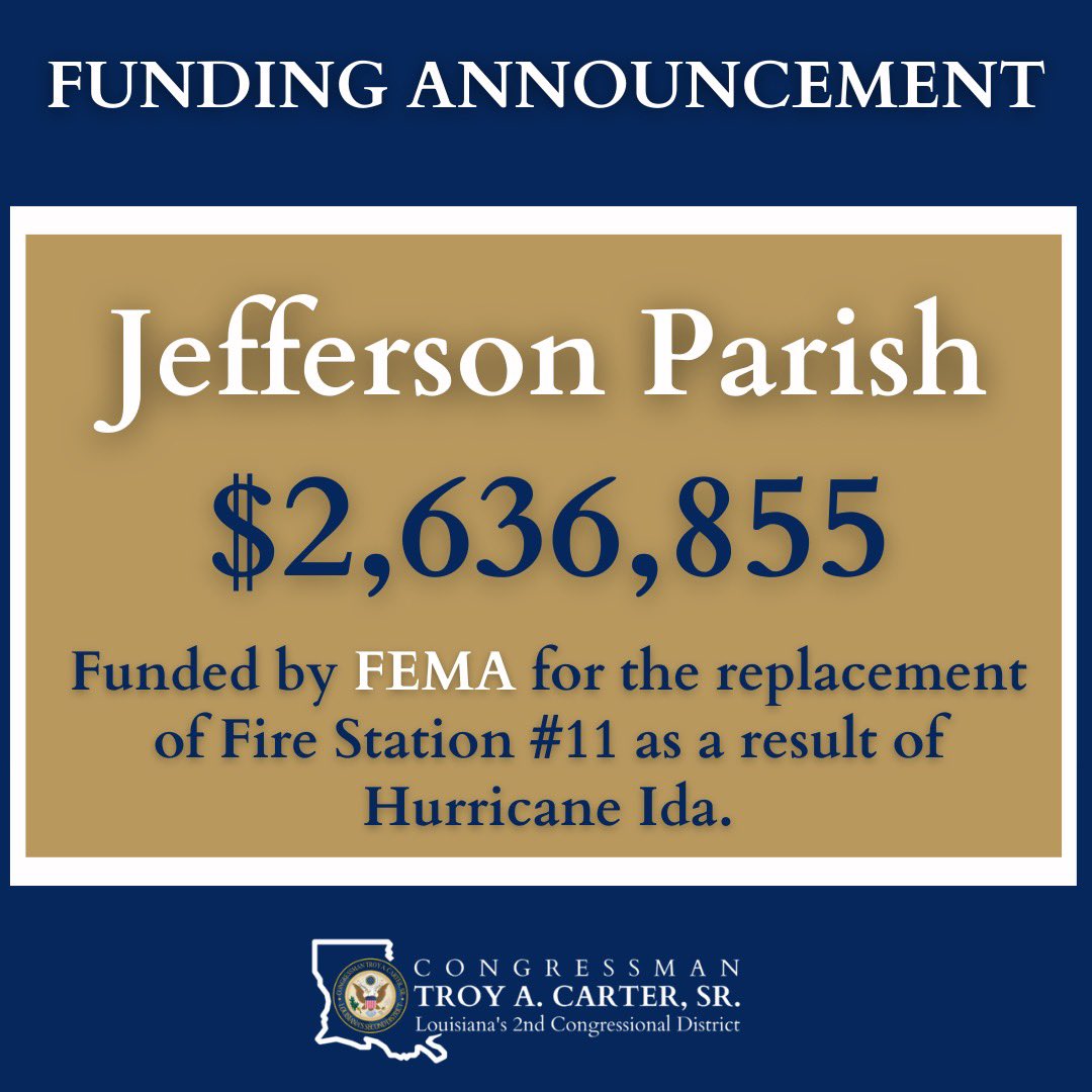 .@DHSgov has granted $2,636,855 for the replacement of Fire Station #11 in @JeffParishGov. The station was damaged after #HurricaneIda and I’m committed to helping secure funding that helps our communities recover.