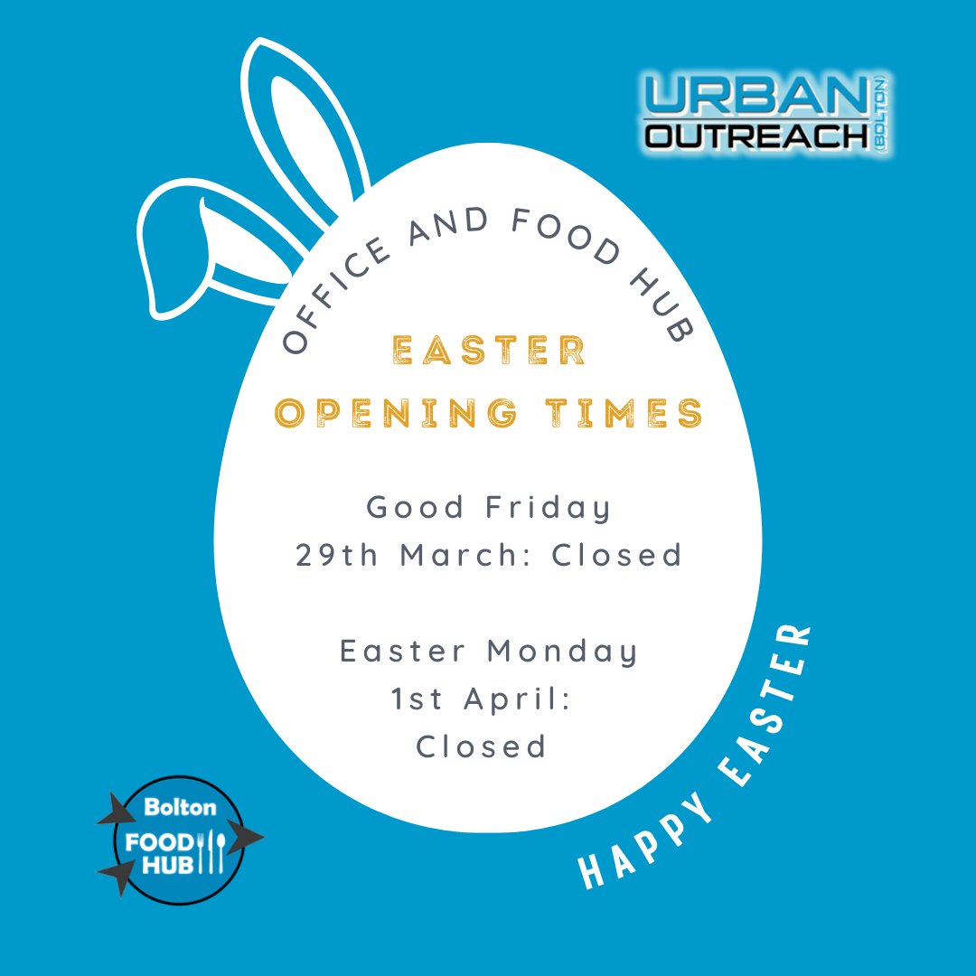 ✝️🐣 Happy Easter from all of us at Urban Outreach! Please note that our Office and our Food Hub will be closed on Friday 29th March and Monday 1st April. We trust you have a restful Easter weekend.