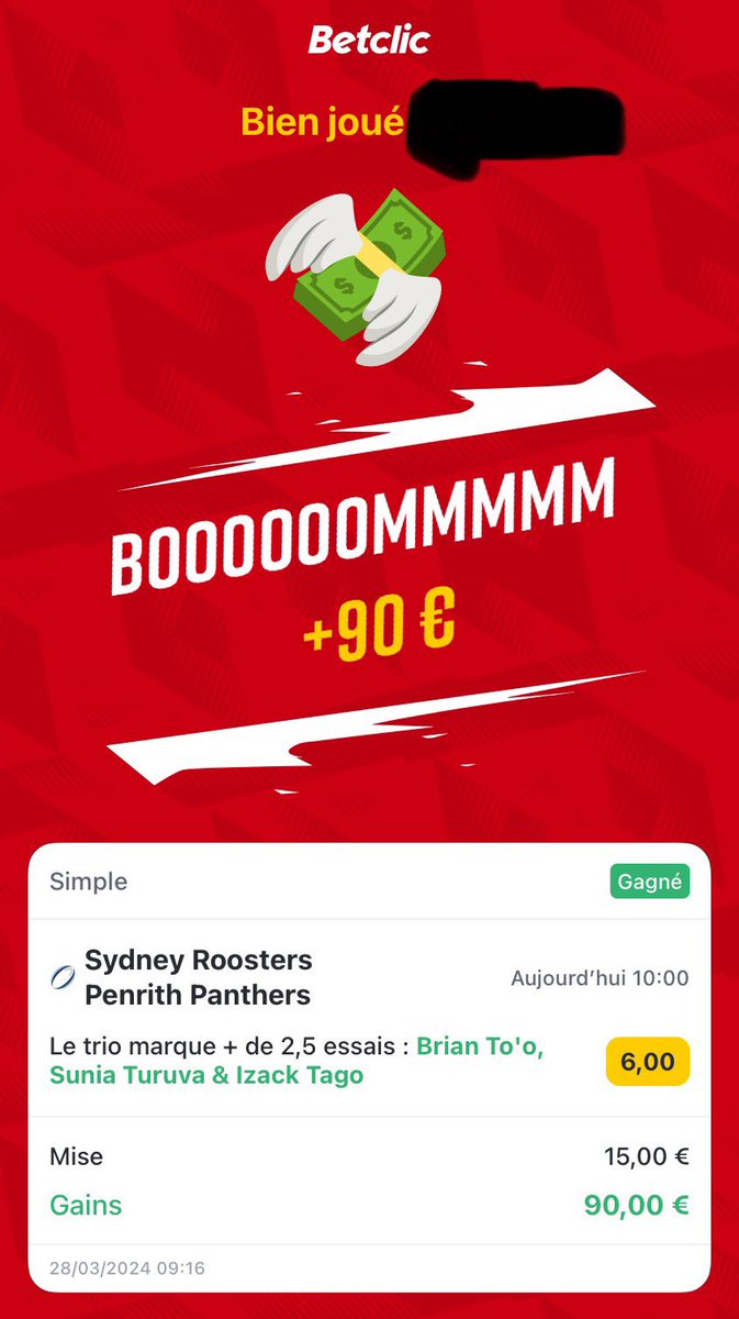 ✅+40€ aujourd’hui(90 de gains-50 de mise), je cache pas mon plaisir mais l’essai refuse à Manu laisse un gout amer surtout que Tupou a marque a la fin
On repart de l’avant c’est bien