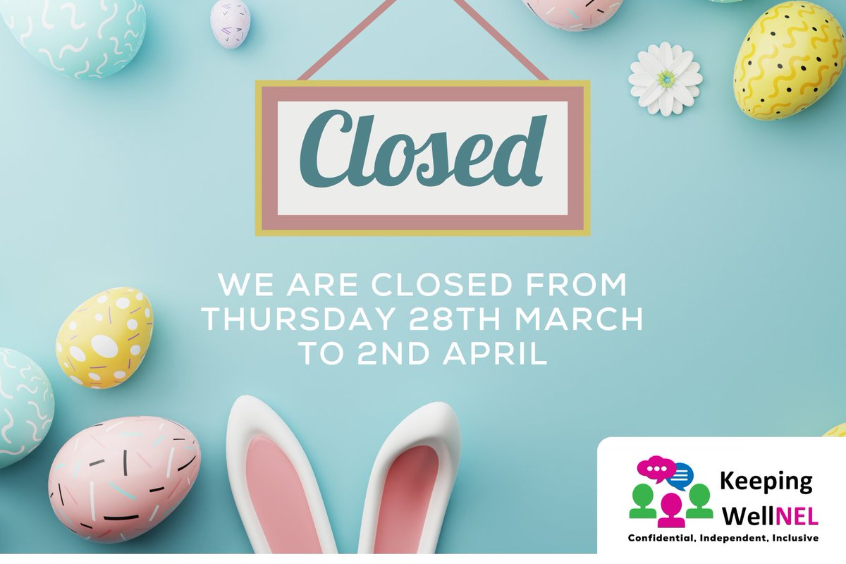 The KWNEL team will be taking a break over the Easter period🐣🐰
We will be closed from Thurs 28 March, returning on Tues 2nd April. If you need urgent wellbeing support during this time, please visit: keepingwellnel.nhs.uk/urgent-help/

Wishing you all a happy &amp; healthy #bankholidayweekend