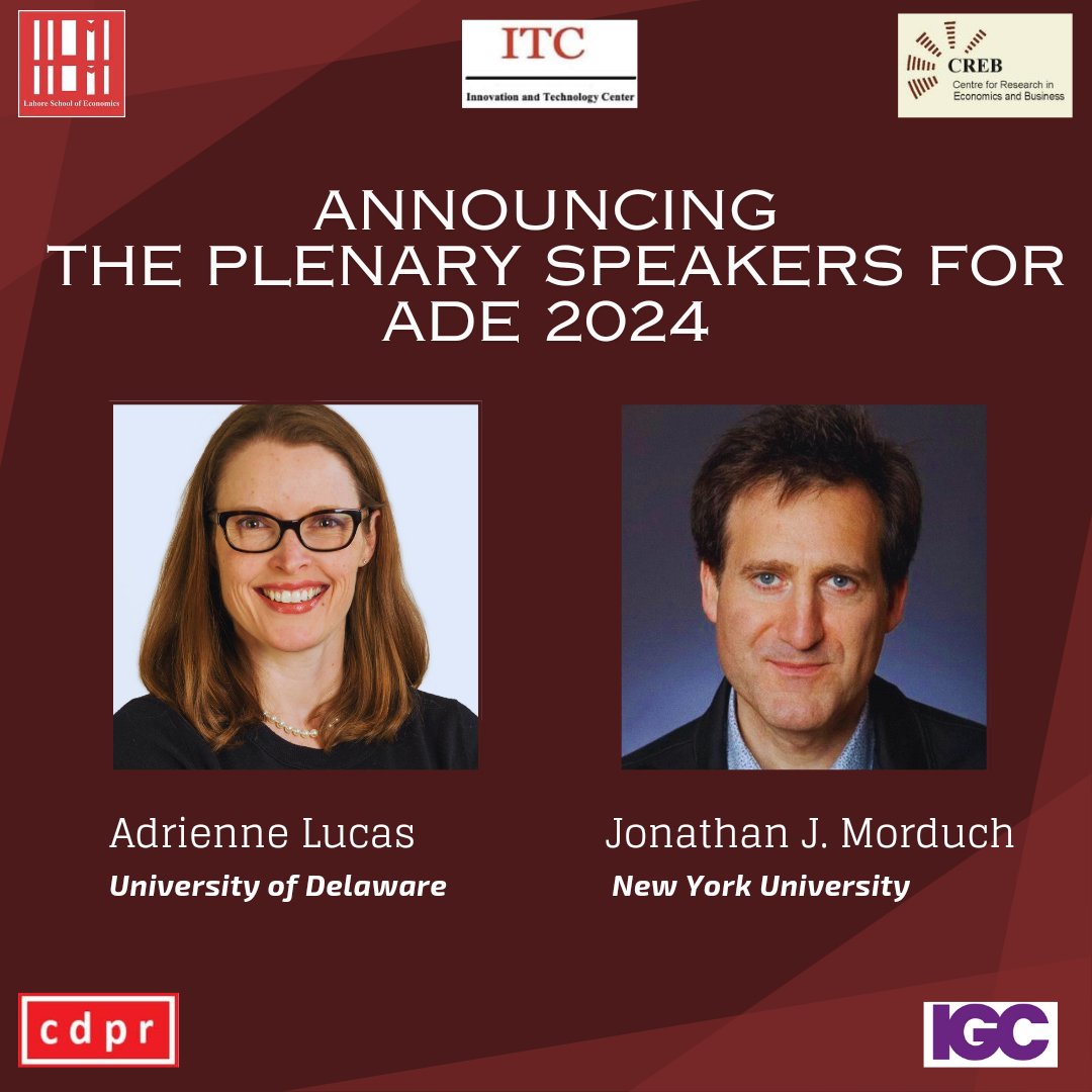 We are thrilled to announce the distinguished Plenary Speakers for #ADE2024 Adrienne Lucas (@ProfALucas)- Professor of Economics, University of Delaware Jonathan Morduch (@JMorduch)- Professor of Public Policy and Economics, New York University