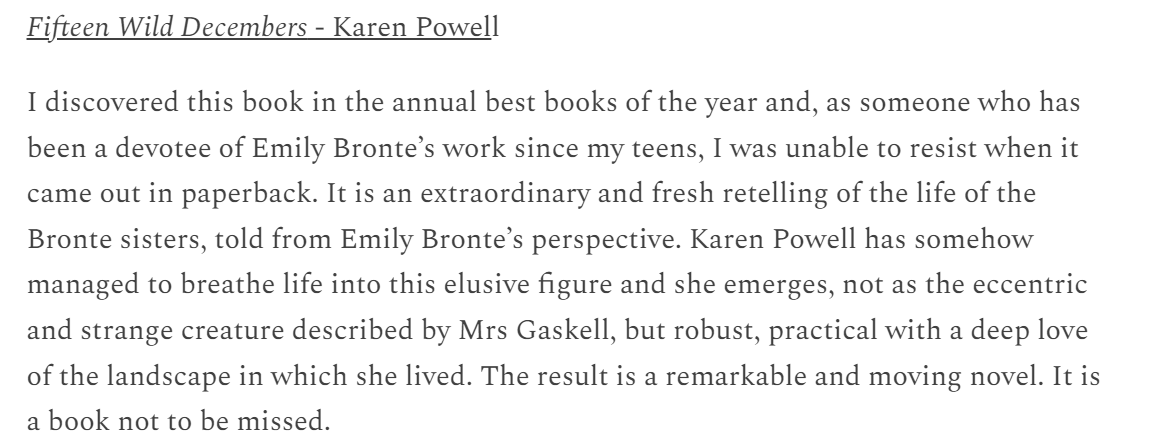 karenlpowell1's tweet photo. Thank you @deborahjvass for this lovely review of #FifteenWildDecembers - new in paperback! #EmilyBronte #newpaperbacks #BookTwitter https://t.co/1rleAiYKzZ