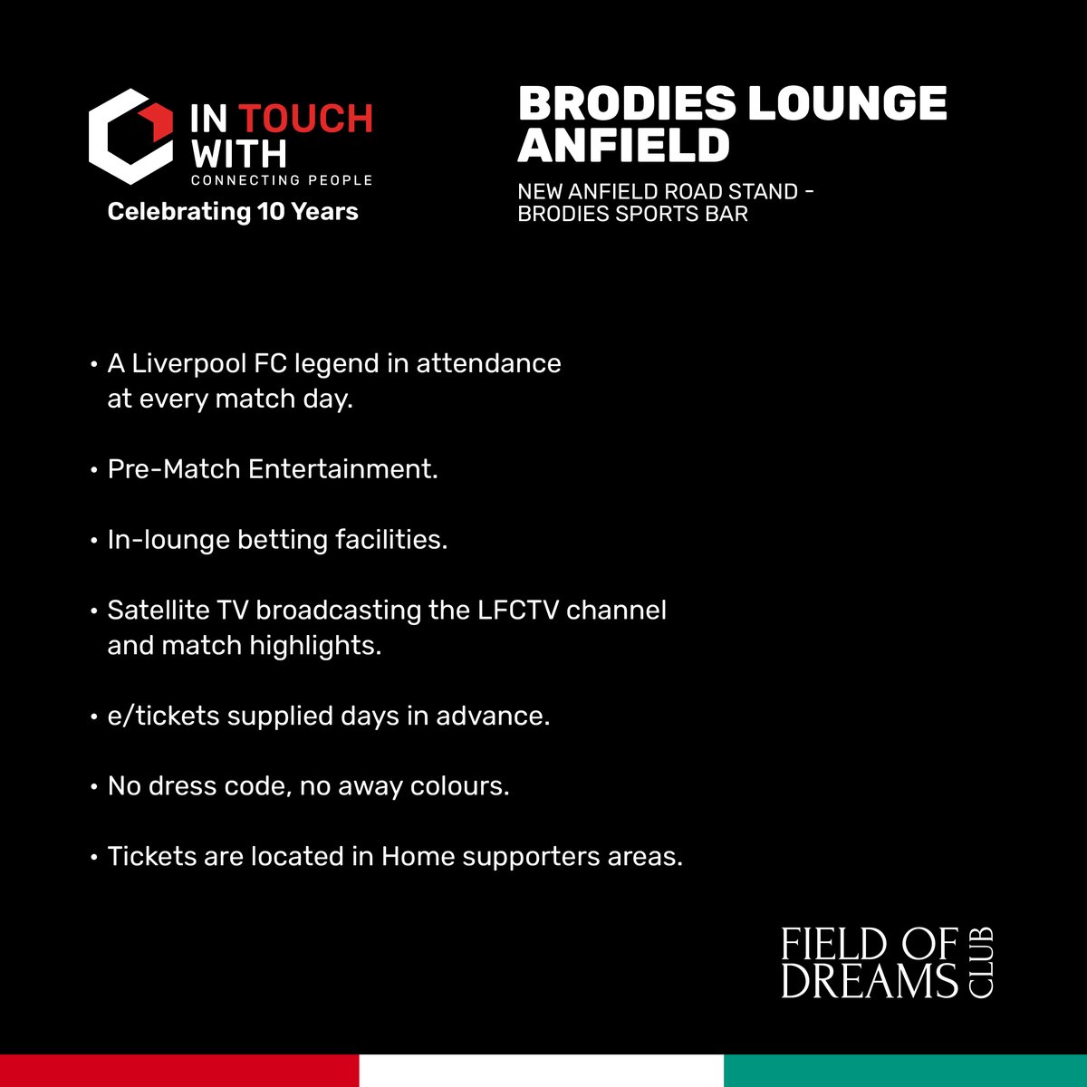 Join us on March 31st, 2024, for an exclusive hospitality event as Liverpool take on Brighton at 2:00 PM. Elevate your business relationships and enjoy a thrilling match! Secure your spot now.

#ITW #InTouchWith #ITWFamily #FODC #FieldofDreamsClub #PremierNetworking #Hospitality