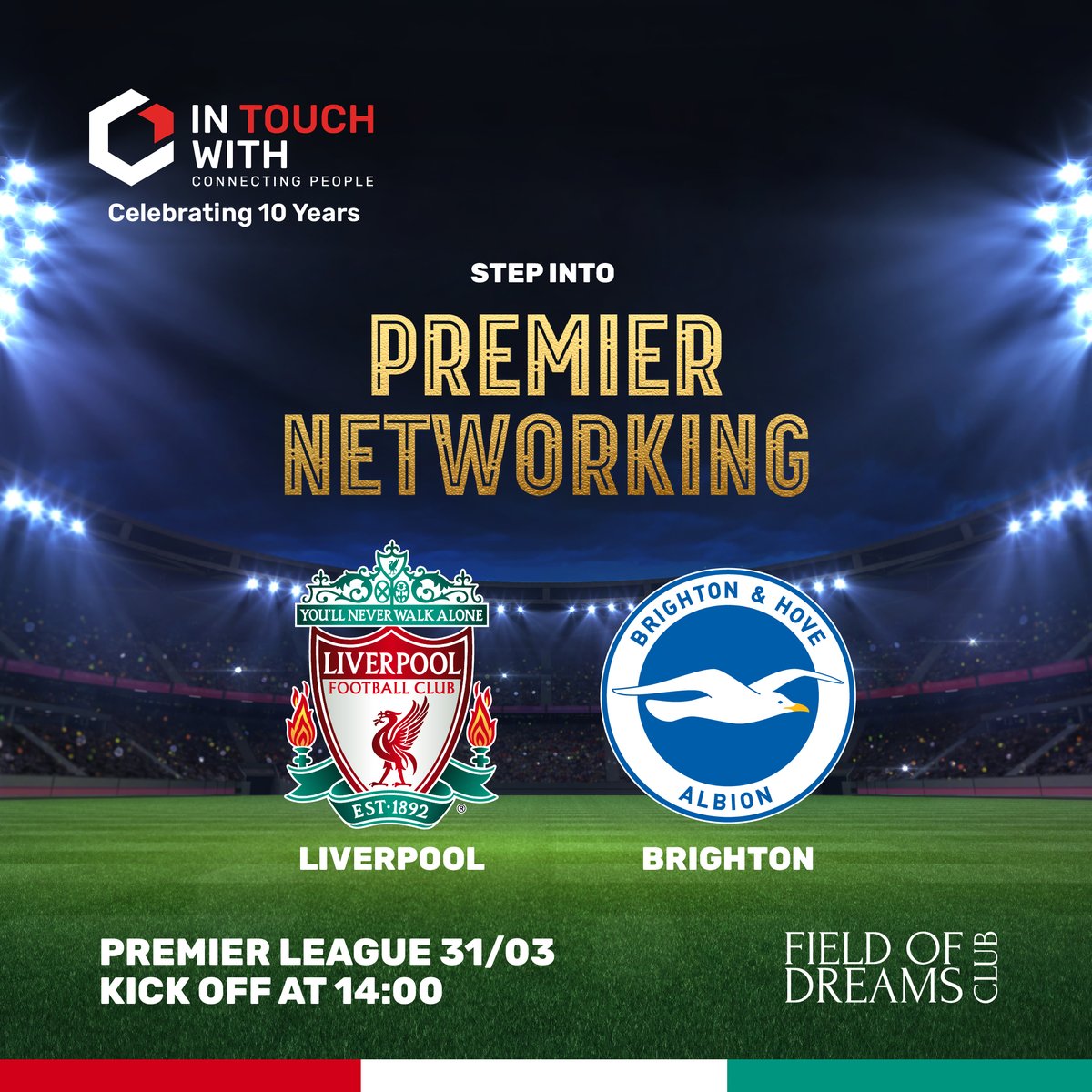 itwfamily's tweet image. Join us on March 31st, 2024, for an exclusive hospitality event as Liverpool take on Brighton at 2:00 PM. Elevate your business relationships and enjoy a thrilling match! Secure your spot now.

#ITW #InTouchWith #ITWFamily #FODC #FieldofDreamsClub #PremierNetworking #Hospitality