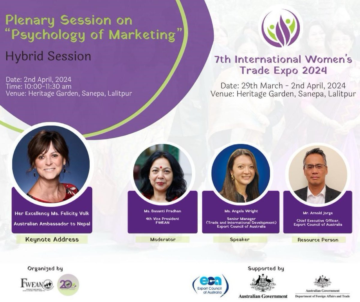 Pleased to support @FWEANNepal's 7th International Women’s Trade Expo, at which the @Aussieexport will lead discussions on the psychology of marketing. 🇦🇺 -🇳🇵TIFA promotes expanded trade linkages, in which 🇳🇵 women entrepreneurs play a critical role.