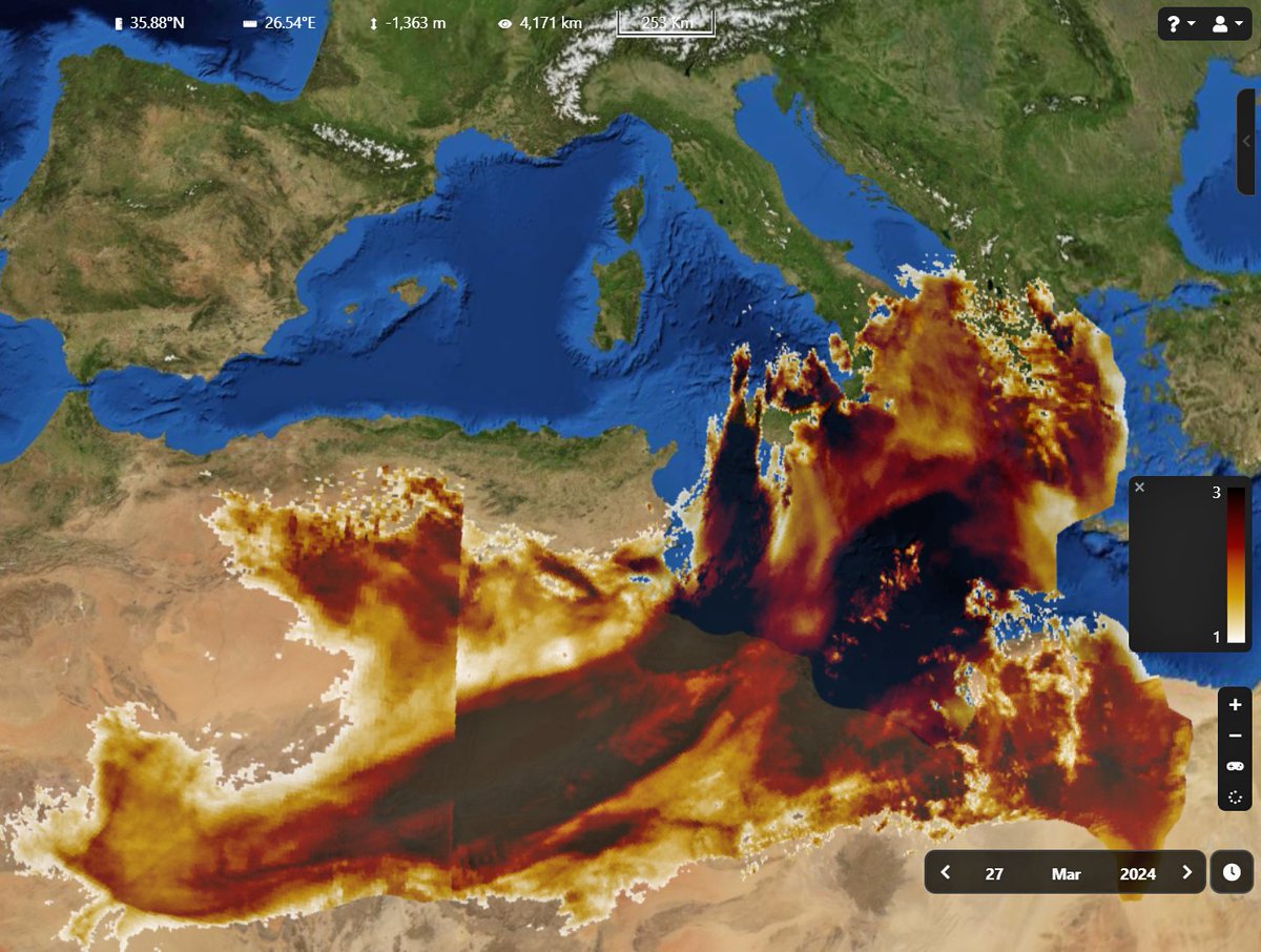 High #Saharandust transport is moving to #Italy and Southeastern #Europe. The #Copernicus #Sentinel5p map on March 27 shows the huge dust plume from #Africa over the Mediterranean Sea spreading Northward, confirming the @CopernicusECMWF CAMS forecast. #Greece #Malta #AirQuality