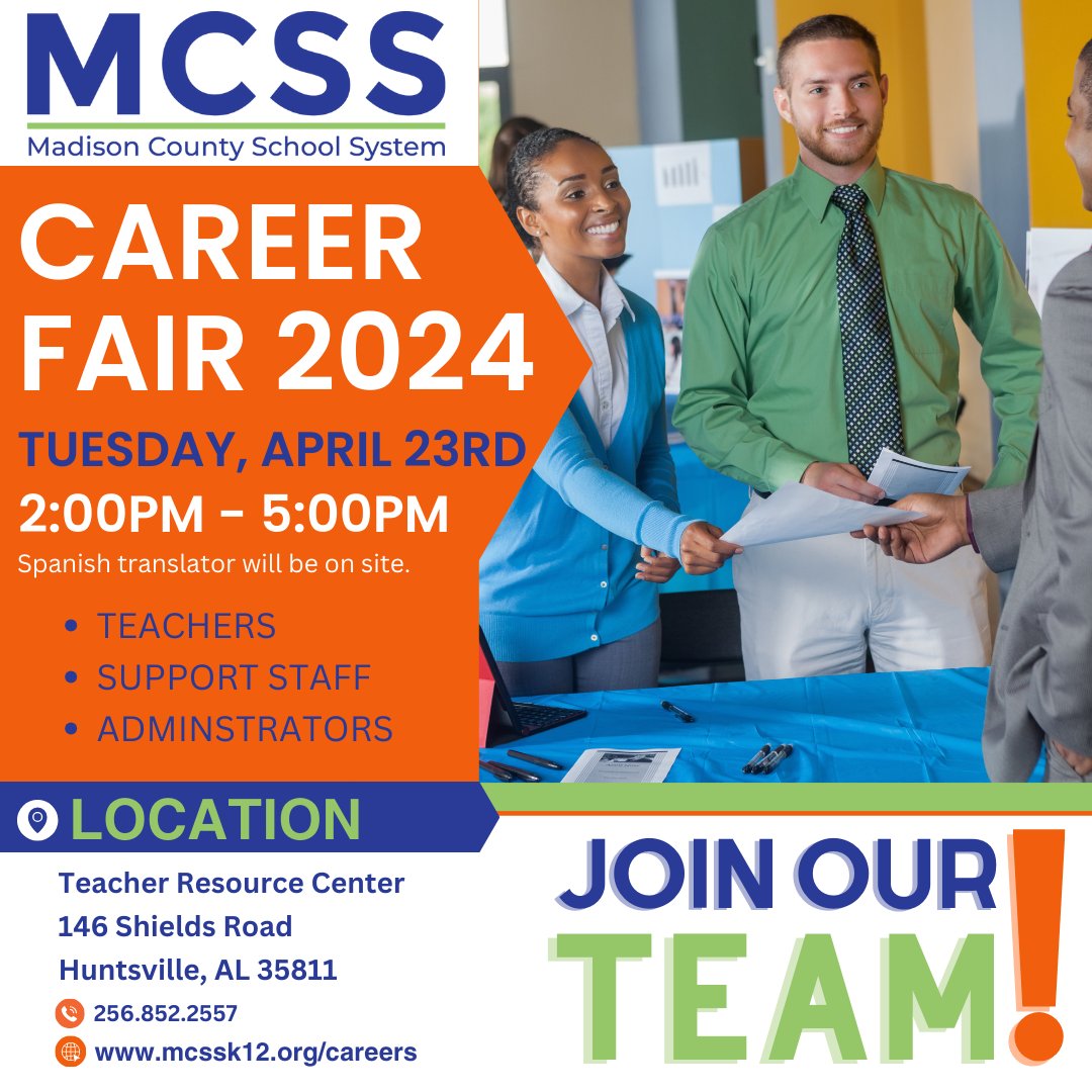 DISCOVER YOUR CAREER JOURNEY WITH THE MCSS FAMILY! Step into the future of education excellence at the MCSS 2024 Career Fair on April 23! We cordially invite you to our Teacher Resource Center at 146 Shields Road from 2 PM to 5 PM.  Start your journey at mcssk12.org/careers.