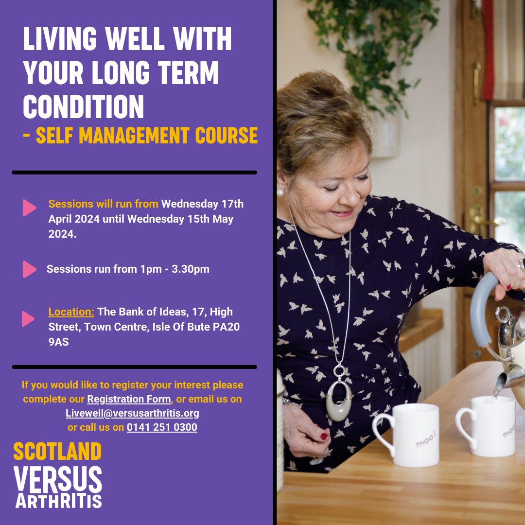 Our 'Living Well with your Long Term Condition' Self Management Course will be coming to the Isle of Bute from Wednesday 17th April! 💜 If you would be interested in coming along please book your place now: bit.ly/4bmLTxR