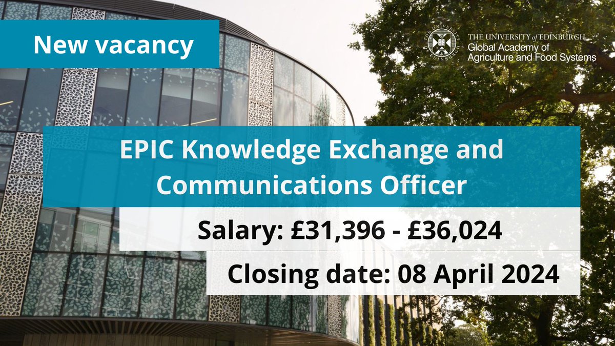 JOB: @EpicScotland is looking for a Knowledge Exchange and Communications Officer. Based with ourselves, the postholder will contribute to EPIC’s KE & comms strategy, aimed at a range of audiences. £31,396 - £36,024 More info: edin.ac/3Iutp15. Apply by 8 April