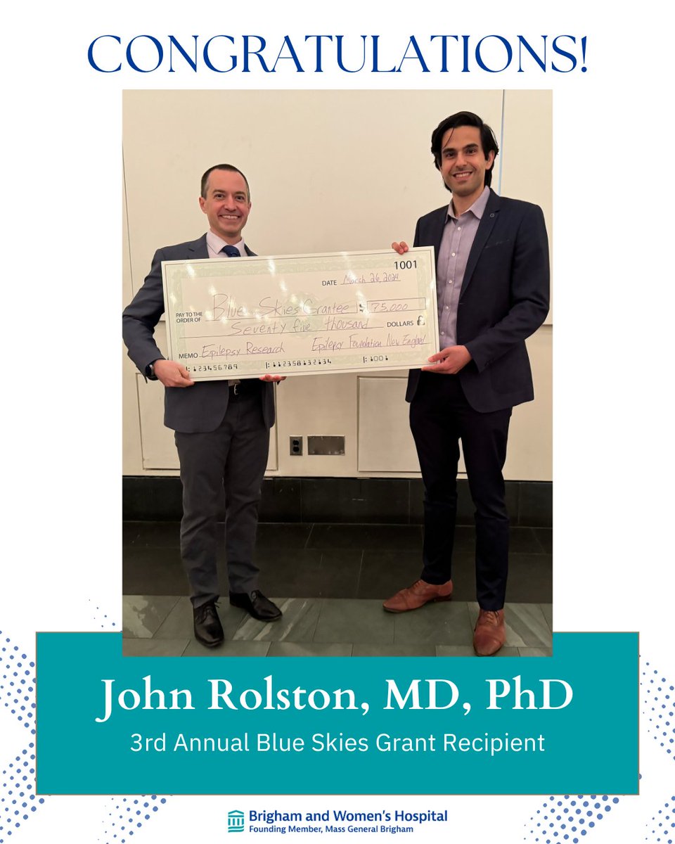 Congratulations to John Rolston, MD, PhD (Neurosurgery) and Sattar Khoshkhoo, MD (Neurology) for their collaboration, winning the $75,000 grant at the 3rd Annual Blue Skies Challenge hosted by the Epilepsy Foundation New England! #BWH #Neurosurgery #Neurology #EpilepsyResearch