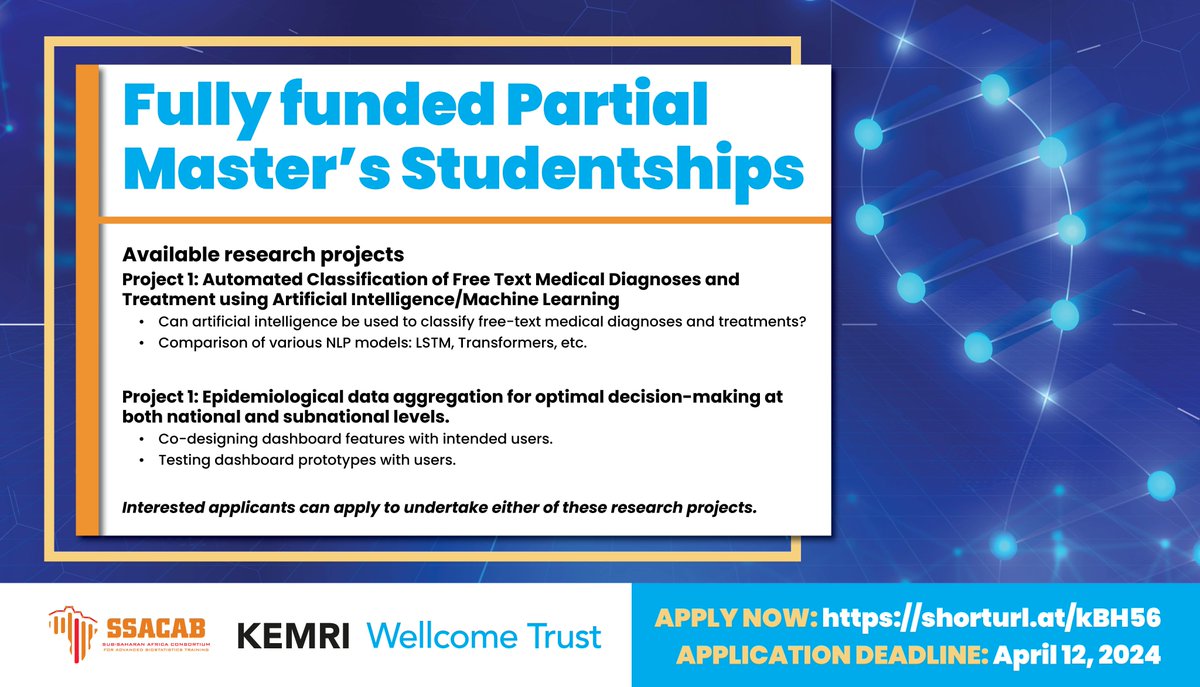 Are you a master’s student looking to finalize your research project? Apply for the Sub-Saharan Africa Advanced Consortium for Biostatistics master’s studentship in collaboration with the @KEMRI_Wellcome & @IDeAL_KEMRI_WT. Deadline: shorturl.at/kBH56 Apply: April 12, 2024