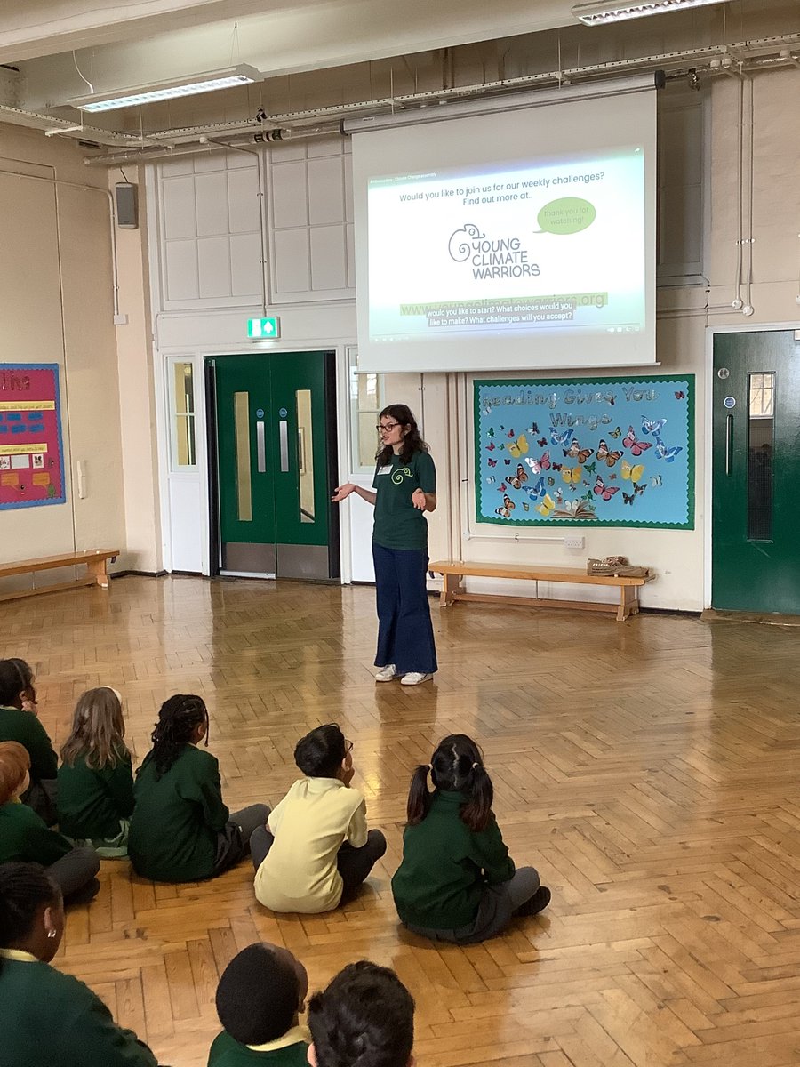 KS2 had a special visit from @youngclimatewrs who delivered an assembly about #climate change . They learned how small actions we take can have a positive impact on our #planet. Did you know that we have enough clothing to cloth 6 generations? 🌍♻️ #EcoFriendly #Recycle #Green