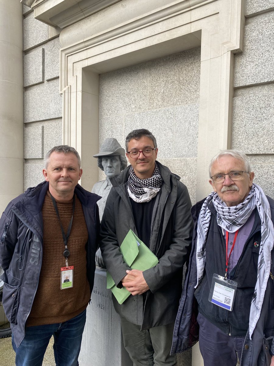Great to meet with ⁦@S_jazi⁩ of the ⁦@BDSmovement⁩ and Martin O Quigley of ⁦@ipsc48⁩ in Dail this week to discuss building the campaign for sanctions on Israel for crimes of #gazagenocide and #Israeliapartheid. Standing by statue of Countess Markievicz