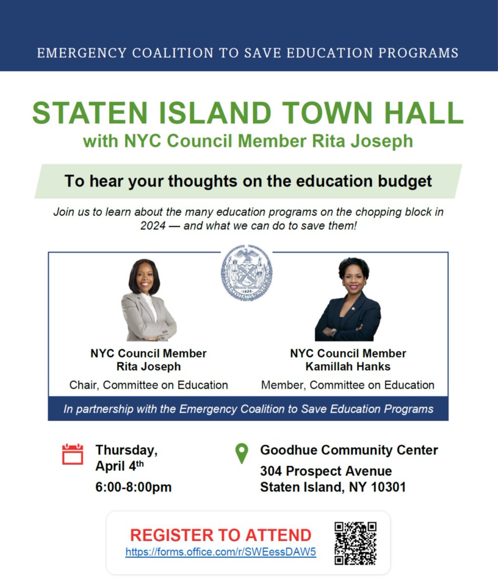 Advocates for Children of New York (@afcnewyork) on Twitter photo Next stop: Staten Island! Join <a href="/CMRitaJoseph/">Rita C. Joseph</a> & <a href="/KamillahMHanks/">Kamillah M. Hanks</a> for a town hall on 4/4. Programs at risk of cuts include 3-K, preschool special education, social workers, community schools, shelter-based coordinators, bilingual supports & more. Register at forms.office.com/r/SWEessDAW5 Next stop: Staten Island! Join <a href="/CMRitaJoseph/">Rita C. Joseph</a> & <a href="/KamillahMHanks/">Kamillah M. Hanks</a> for a town hall on 4/4. Programs at risk of cuts include 3-K, preschool special education, social workers, community schools, shelter-based coordinators, bilingual supports & more. Register at forms.office.com/r/SWEessDAW5