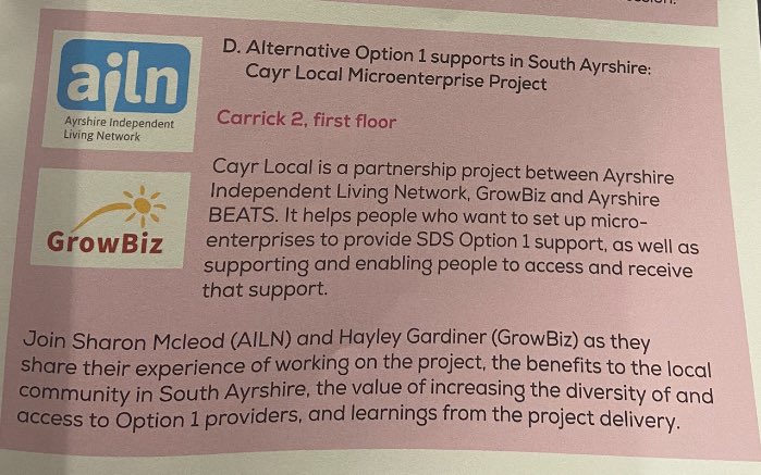 Looking forward to our afternoon workshops. Promoting choice for people in South Ayrshire by the creation of micro enterprises. Local people providing support in local communities. @sahscp @growbizscotland @SDSScot @SG_CarersPolicy @ccpscotland @scottishcare #SDSNV24