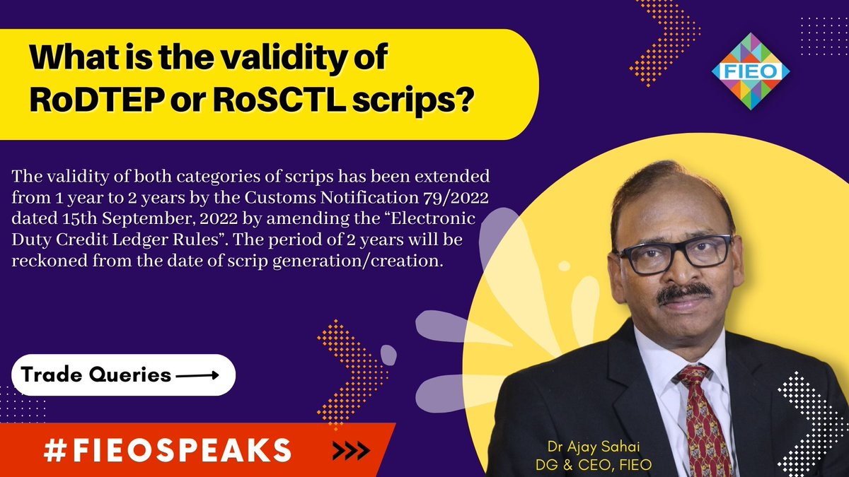 #TradeQueries

What is the validity of RoDTEP or RoSCTL scrips?

#FIEOSpeaks #exports #imports #goods #RoDTEP #GST #IGST #CGST #RoSCTL #Scrips #customs #notifications #Electronic #Duty #Credit #Ledger #Rules