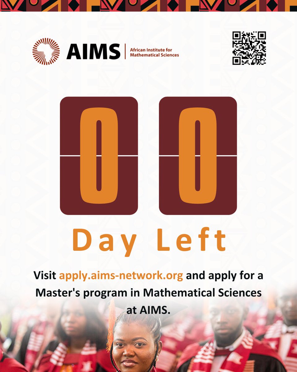 Today is the last day to apply for the AIMS Master's program in Mathematical Sciences! Quick! Submit your application now at: apply.aims-network.org Don't miss out on the opportunity!