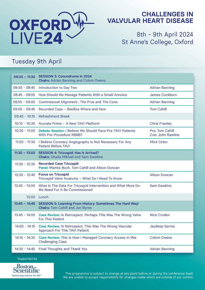 Due to high demand, we've reopened registration for #OxfordLive — Challenges in Valvular Heart Disease! 📅8-9 April 📍St Anne's College, Oxford 🏅9 CPD credits 🗣️Faculty includes @McInerneyAngela, @tomjcahill, @colum_owens and more! 👉Register here: bit.ly/3SphhUO