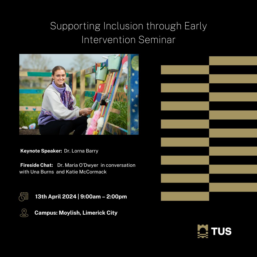 The TUS Department of Sport and Early Childhood Education and Care invite you to the Seminar on Supporting Inclusion through Early Intervention taking place at the TUS Moylish Campus on 13th of April. Find more: tus.ie/events/support… #EarlyIntervention #WeAreTUS