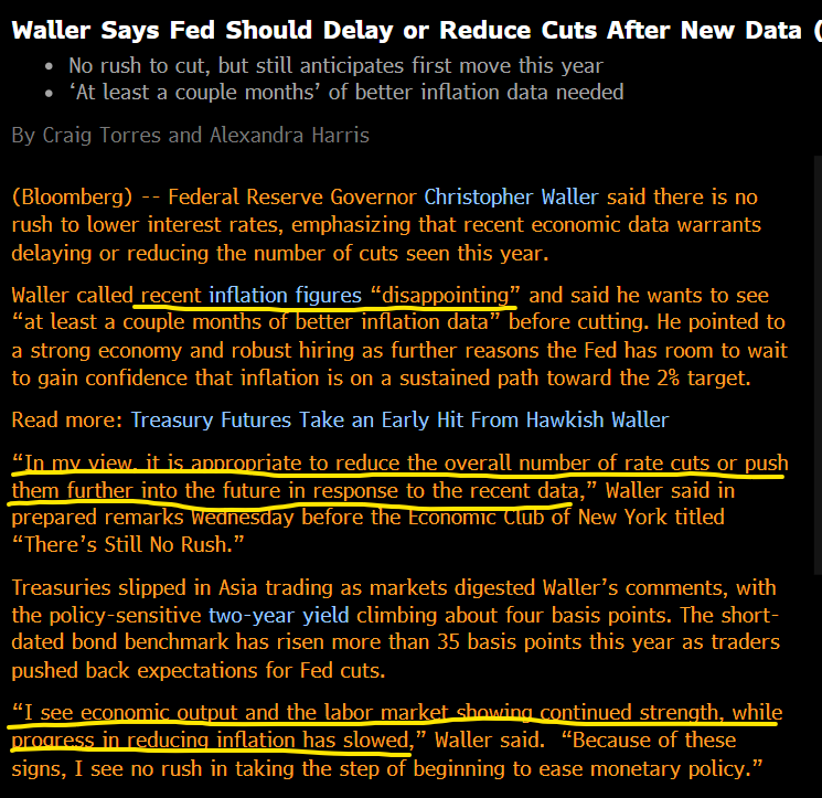 It's our view that far from 'just right', Goldilocks's porridge is 'too hot'. Hence, outside a couple of tweaks, rate cut expectations are delusional. Is Waller the first sign the #FederalReserve is pushing back? Will Powell follow tomorrow or are we heading FOMC dissent?