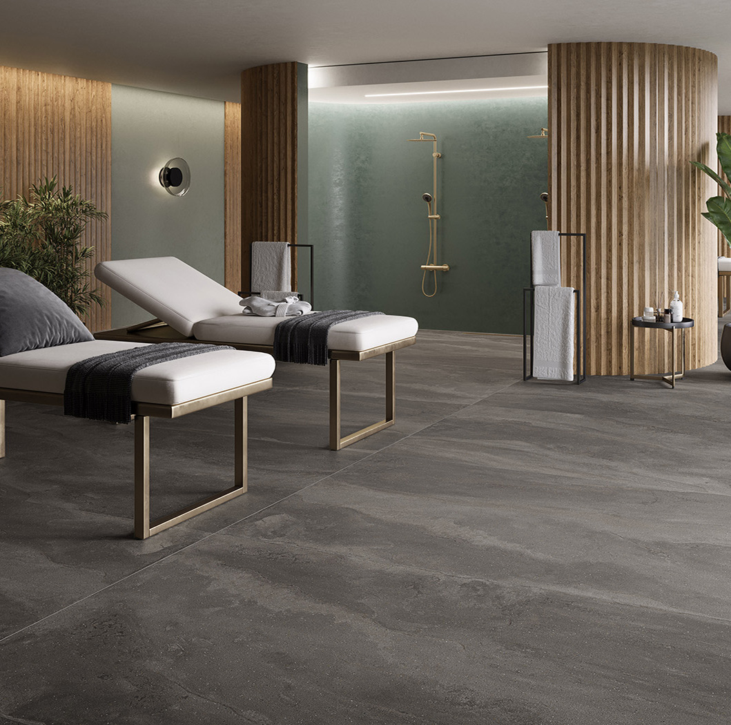 As a very hard material Inalco MDi is suitable for commercial environments both indoors and outside. It is completely impermeable and stain resistant. Its many benefits also include a strong resistance to scratch, heat and wear and tear. Pictured: Vint Gris flooring . #flooring
