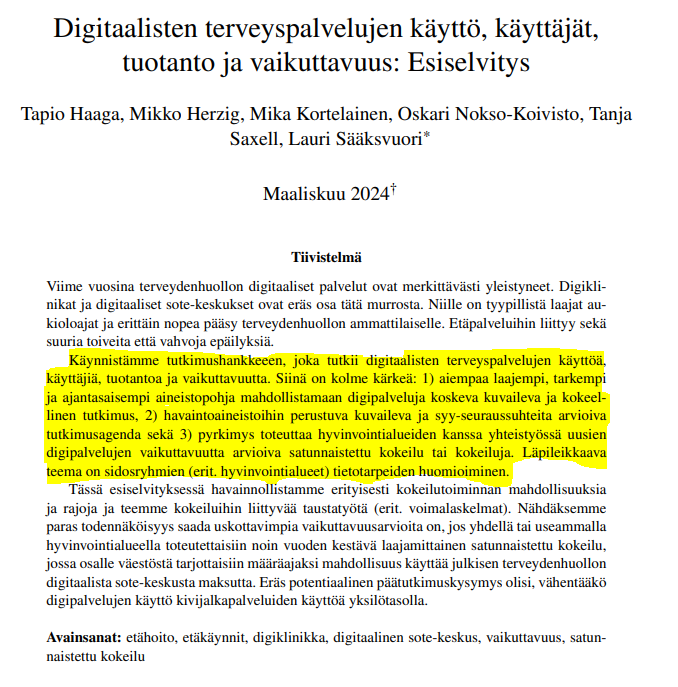 mikakorte's tweet photo. Aloitamme uuden tutkimushankkeen, joka tutkii digitaalisten terveyspalvelujen käyttöä, käyttäjiä, tuotantoa ja vaikuttavuutta hyvinvointialueilla. Julkaisimme juuri hankkeeseen liittyvän STM:lle tehdyn esiselvityksen: 
https://t.co/tKH7gc3KG0… 
#terveystaloustiede #vaikuttavuus https://t.co/2KMs7eaTAD
