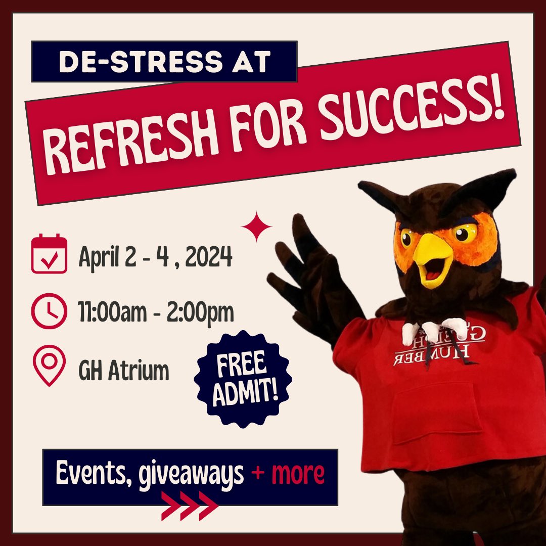 UofGHstudents's tweet image. The end of the school season is almost here! With that said, exams are not far behind…

Refresh for Success will feature snack giveaways, DIY destress kits and more! One lucky attendee will have the chance to win a $50 gift card.

 #UofGH #GuelphHumber #OntarioUniversities