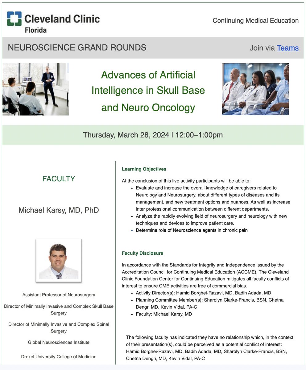 Join @CleveClinicFL monthly Neuroscience Grand Round today (Thursday) at 12 PM EST. Dr @MichaelKarsy will talk about Advances of Artificial Intelligence in Skull Base and Neuro Oncology. Here is the link to join: teams.microsoft.com/v2/?meetingjoi… @NASBSorg @NeuroOnc @NSTumorSection