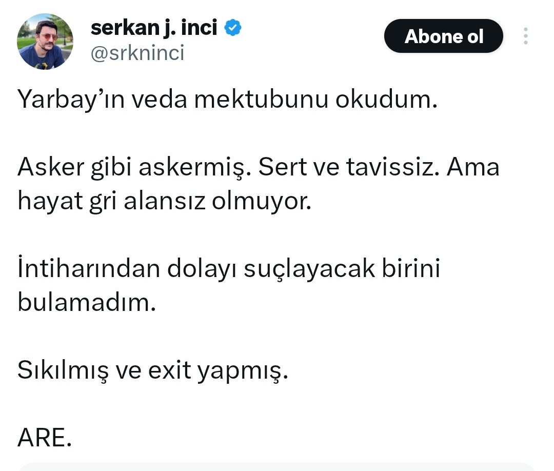 Gördüğü zulüm ve onuru çiğnenip bunu kendisine zûl sayan ve intihar eden silah arkadaşımız Yarbay Gökhan Ünyeli ardından bir veda mektubu bırakarak aramızdan ayrıldı. Bu pis yaratık Gökhan Yarbay'ın ardından şunları yazmış. Bu müptezel pisliğin FETÖ'nün en aktif elemanlarından