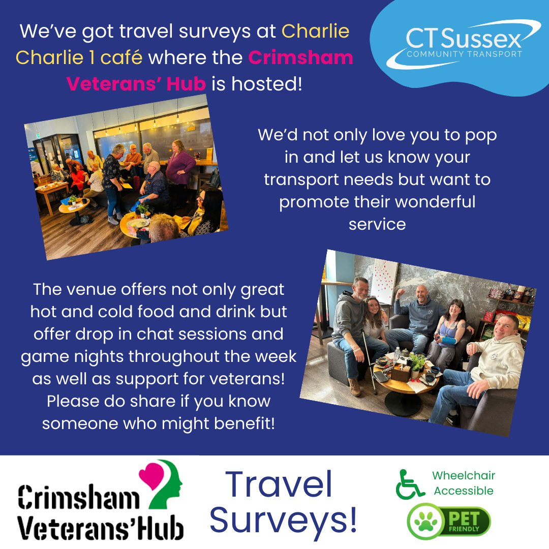 Join us at Charlie Charlie 1 café, home to the Crimsham Veterans' Hub, for travel surveys! 🚗 Share with someone who could benefit! Let's support our veterans together! 🤝 #CrimshamVeteransHub #SupportOurVeterans #CommunitySupport #TravelSurveys #CharlieCharlie1Cafe