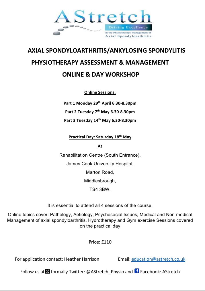 Our next course starts in 1 month a bargain at £110 for fantastic CPD 3 online evenings on pathology & management of #axialSpA & a full day in person covering exercise therapy: gym & #hydrotherapy in Middlesbrough! Book your place book NOW!! 👉🏼 education@astretch.co.uk