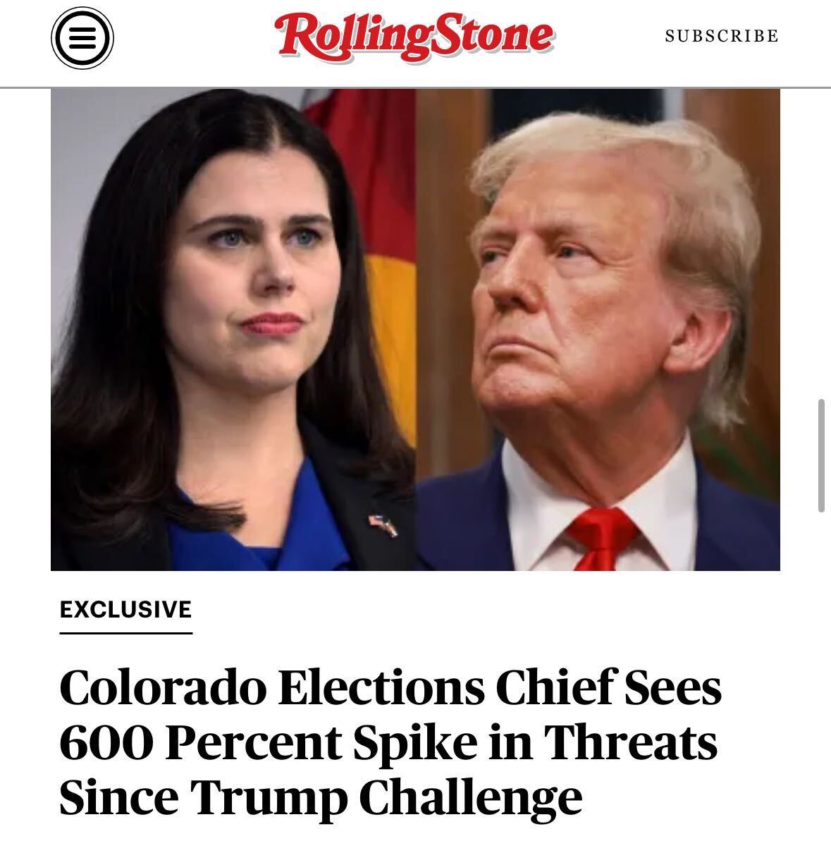 EXCLUSIVE: Jena Griswold supported the Colorado lawsuit to throw Trump off the ballot. Since then, she’s experienced a 600 percent increase in serious threats, according to data her office provided to us. Story: rollingstone.com/politics/polit…