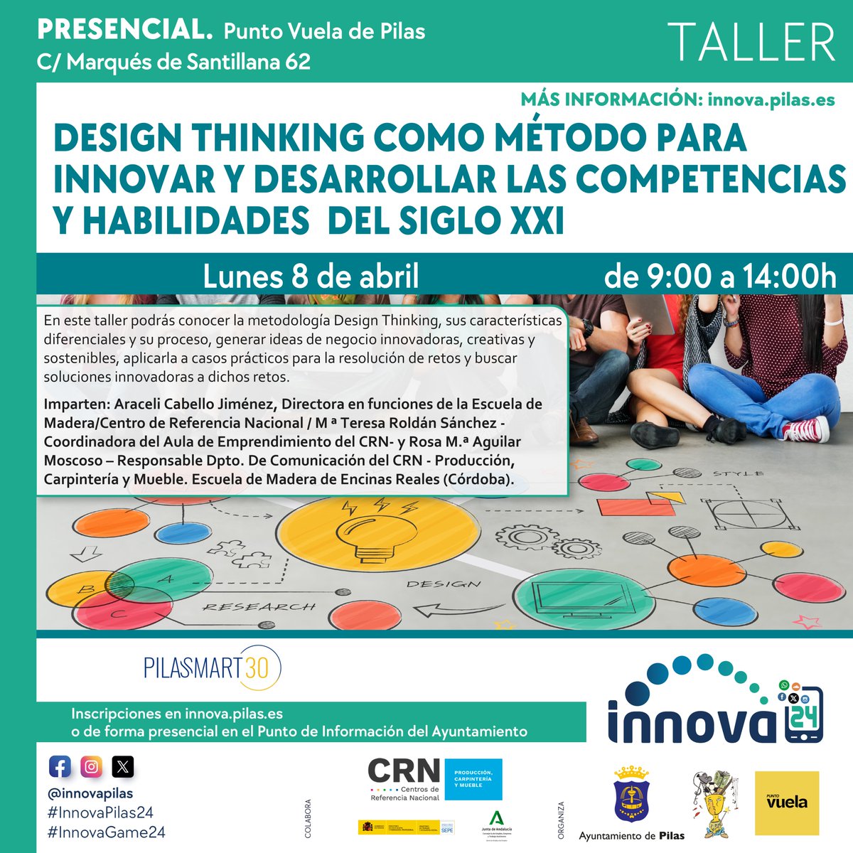 TALLER DESIGN THINKING 🧩 

🎯El objetivo es conocer la METODOLOGÍA y sus fases,  además de trabajar las competencias y habilidades tan demandadas del siglo XXI como el 𝐩𝐞𝐧𝐬𝐚𝐦𝐢𝐞𝐧𝐭𝐨 𝐜𝐫𝐢́𝐭𝐢𝐜𝐨 𝐲 𝐜𝐨𝐧𝐬𝐭𝐫𝐮𝐜𝐭𝐢𝐯𝐨. 

➡️ Más info: innova.pilas.es