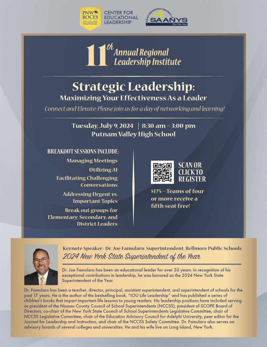 The 11th Annual Regional Leadership Institute is open for registration featuring Dr. Joe Famularo, 2024 Superintendent of Year as our keynote speaker. Special thanks to @SAANYS for their partnership in offering this annual event. Reserve your seat today! @pnwboces @TashaPLPM