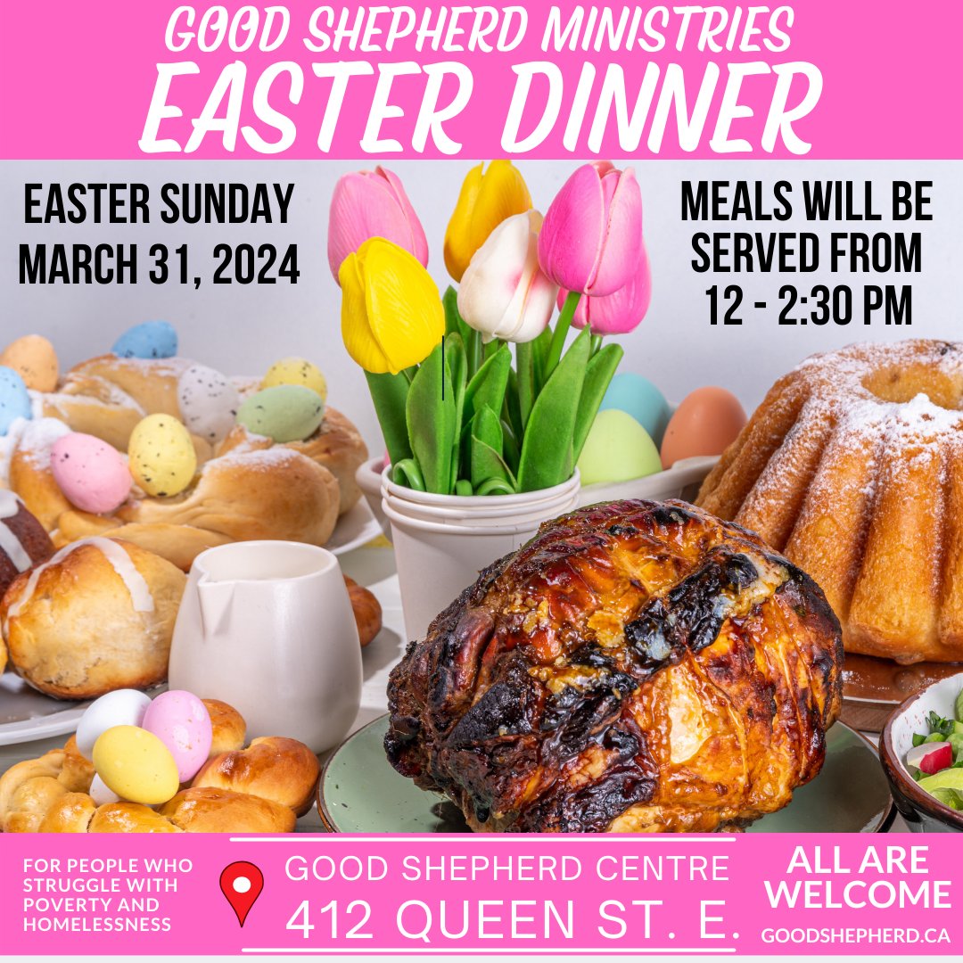 Our annual #EasterSunday meal will take place on #EasterSunday Mar 31, from 12-2:30pm in our dining room, 412 Queen St. E. All are welcome. #hereos4homeless #EasterGiving #welcomehomeless #GoodShepherd