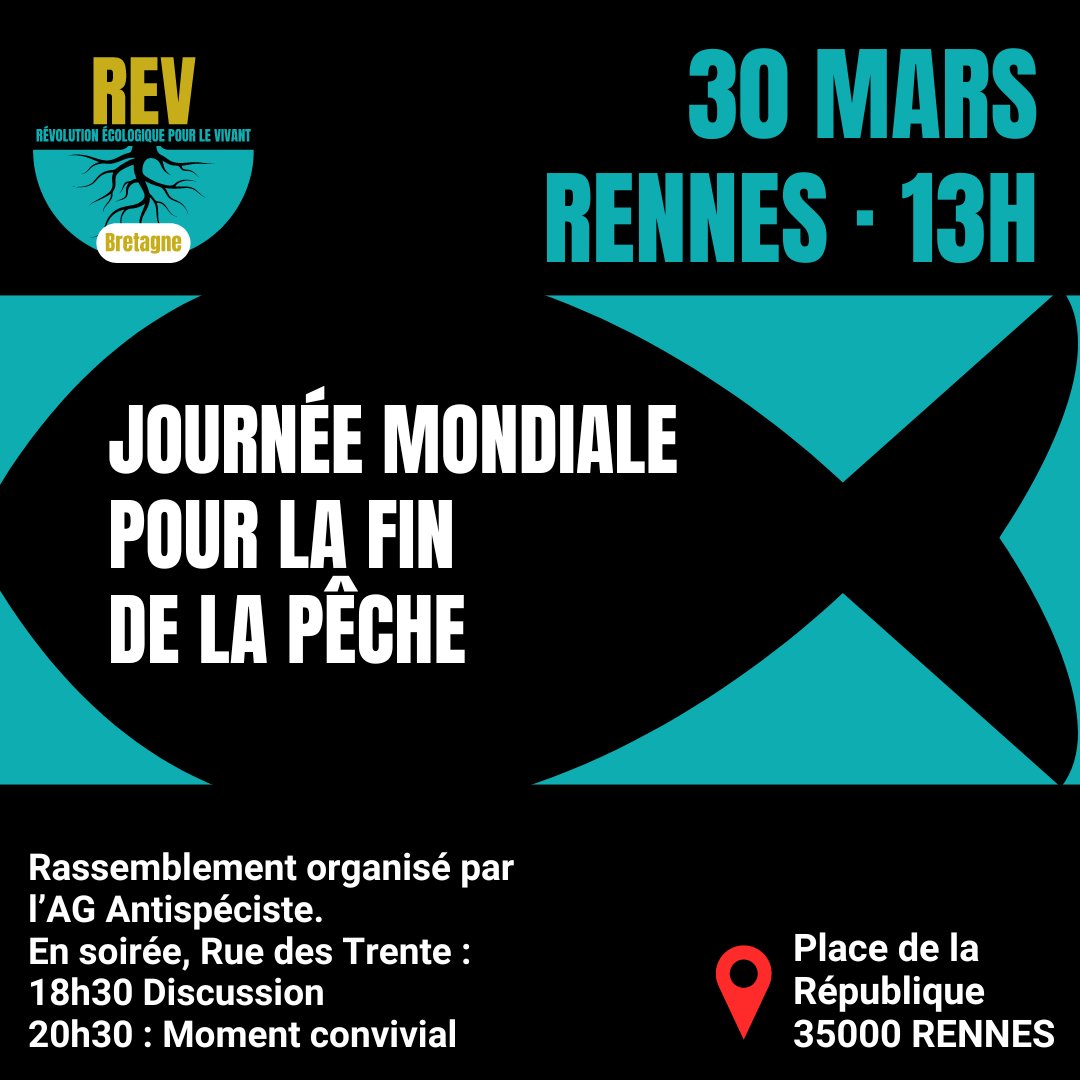Nous serons aux côtés de @antispe_rennes pour la #JMFP ce samedi 30 mars.

La 🎣 est responsable de la mort de milliards d'individus sentients chaque année. Elle provoque un effondrement des écosystèmes et aggrave le dérèglement climatique.

Thread sur cette aberration ⤵️