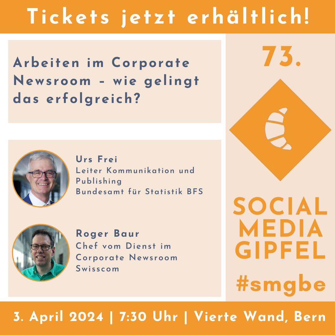 👆 Tickets für unseren 73. #smgbe 🥐 sind ab sofort erhältlich!

Arbeiten im Corporate Newsroom – wie gelingt das erfolgreich? Wir freuen uns auf spannende Insights von Urs Frei <a href="/StatSchweiz/">Bundesamt für Statistik BFS</a> und Roger Baur @swisscom 

🎫socialmediagipfel.ch/event/73-socia…