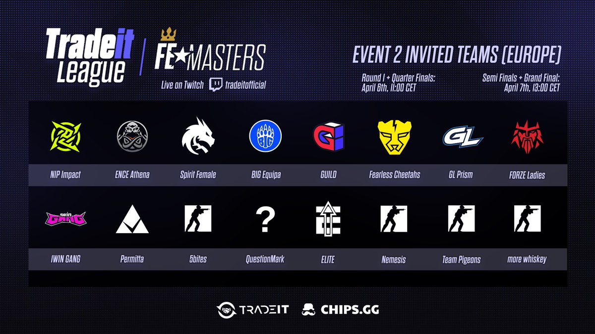 Tradeit League FE Masters #2 goes live next weekend! ⌛️ Join us on Twitch (TradeitOfficial) & watch the best of FE-CS compete for over $2.5K+ in prizes 💰 Format: BO3 Single Elimination 🏆 April 6th: Round 1 & Quarter-Finals. April 7th: Semi-Finals + Grand Final. @NIP