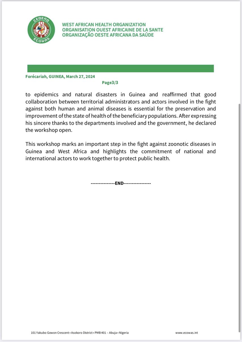 A press release from the ongoing workshop on the “Implementation of the Surveillance and Information Sharing Operational Tool (SIS- OT) on zoonotic diseases in Guinea”. @ecowas_cedeao @OoasWaho @vlokossou