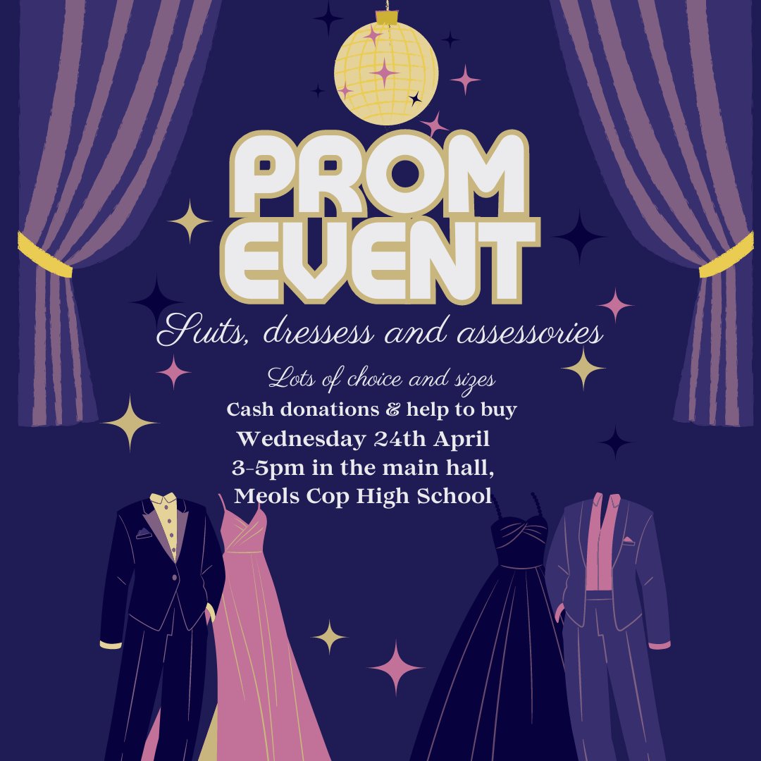 We are organising a Prom Event on Wed 24th April at Meols Cop. Please come along to have a look at the beautiful selection of pre-loved as well as new dresses, suits and accessories. We just ask for a small donation. @MeolsCopHS @greenbankhs @MaghullHighsch @BirkdaleHS