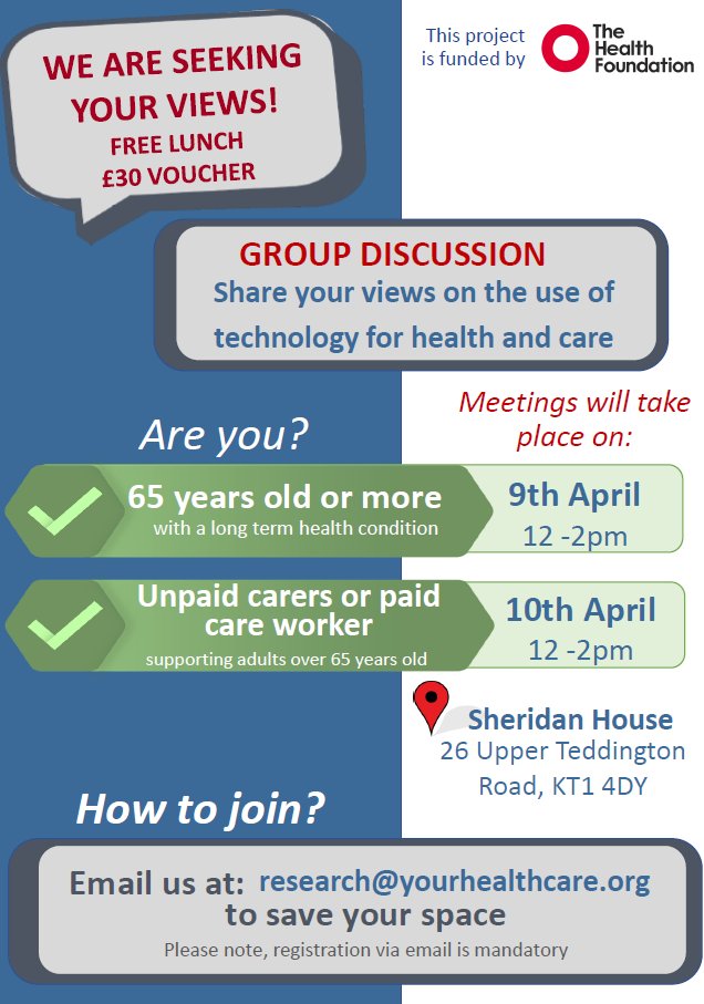 Are you 65+ with a long term health condition or a carer or care worker for someone 65+? Have your voice heard on the use of technology for health care on 9 and 10 April. Register on research@yourhealthcare.org #healthcare #carers @KingstonCarers Please share