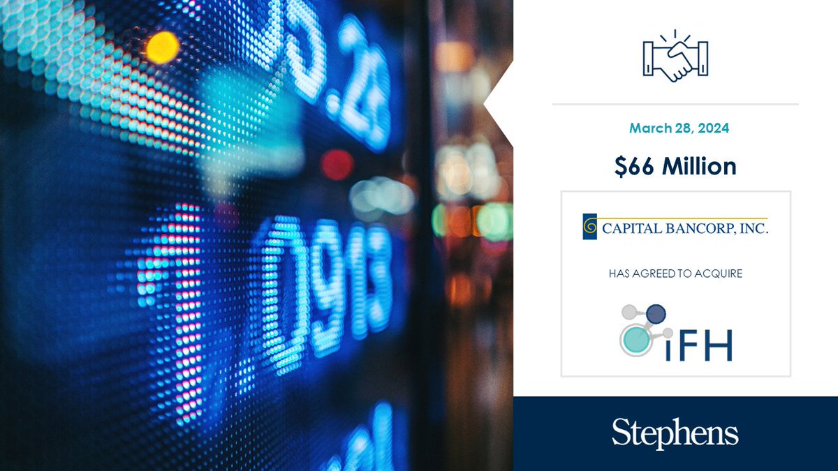 Stephens served as financial advisor to Capital Bancorp, Inc. and provided a fairness opinion to the Board of Directors in its acquisition of Integrated Financial Holdings, Inc. ow.ly/pntz50R44vK #InvestmentBanking