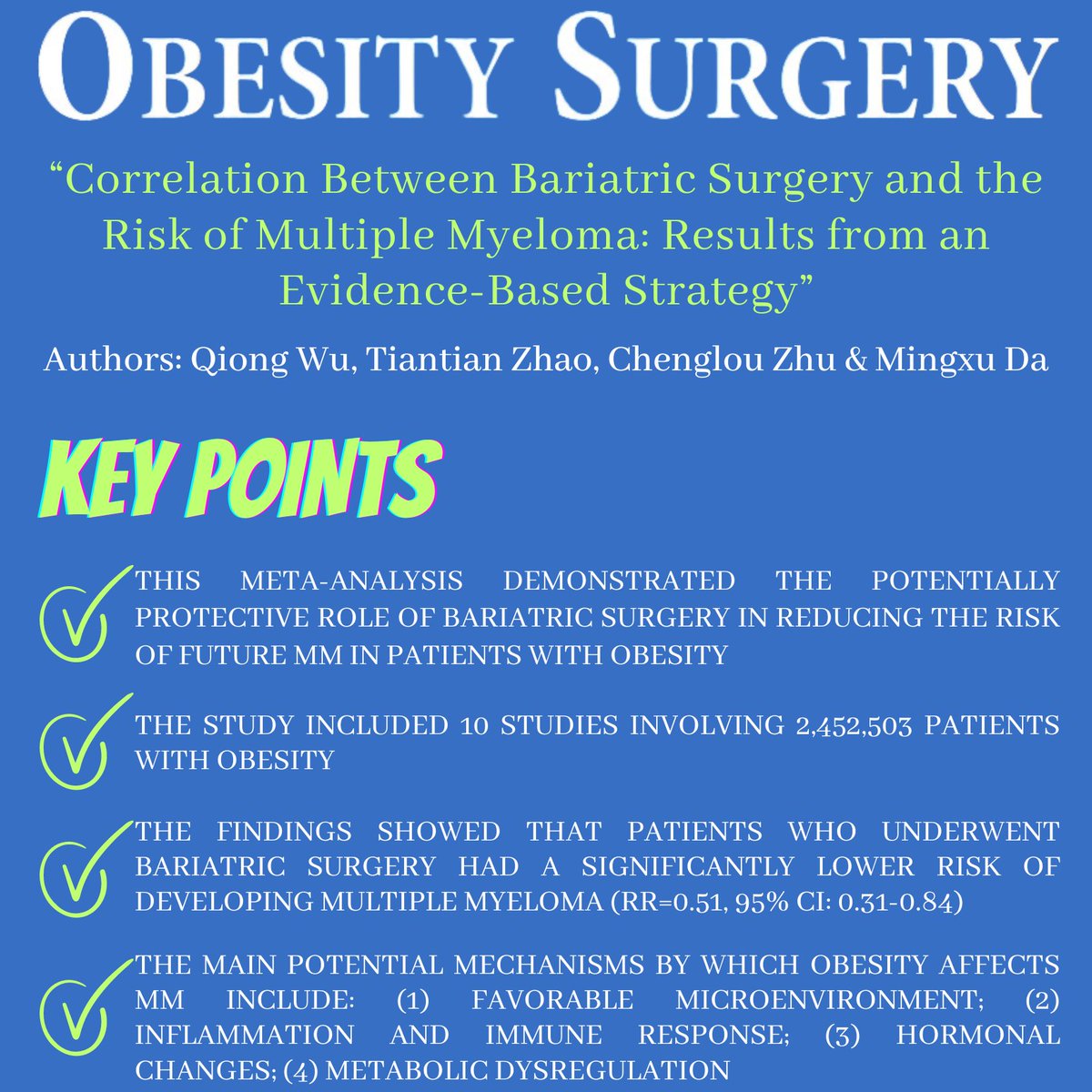 BEST PAPERS MARCH ISSUE: 'Correlation Between Bariatric Surgery and the Risk of Multiple Myeloma: Results from an Evidence-Based Strategy' DOI: doi.org/10.1007/s11695… FREE ARTICLE: rdcu.be/dCLRn