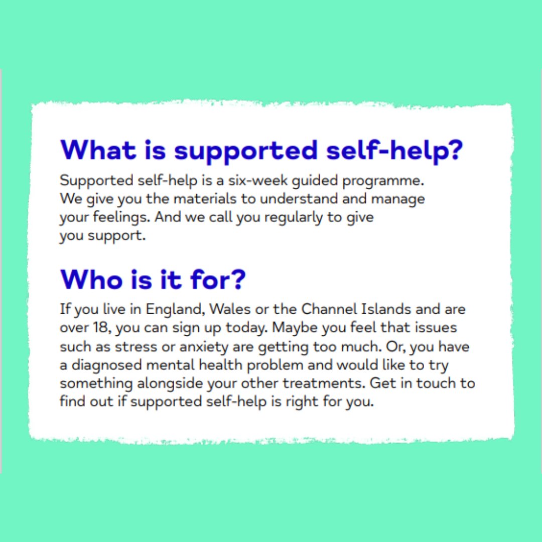 It helps to talk, and it's brave to seek support. Supported self-help is a free, 6-week guided programme where you're given one-to-one support, and materials you can use to understand and manage your feelings. Use the following link to sign up: mind.org.uk/get-involved/s…