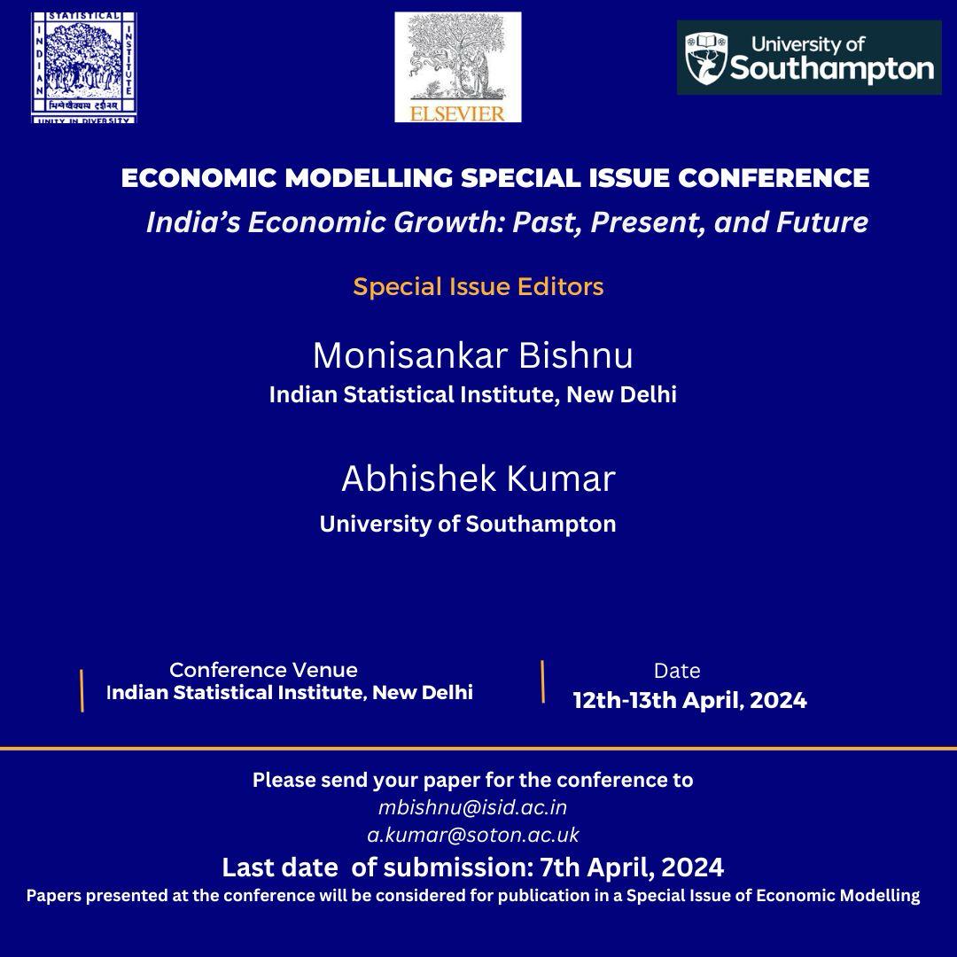 Please consider submitting your paper for the special issue in Economic Modelling on 'India’s Economic Growth: Past, Present, and Future' sciencedirect.com/journal/econom… we are also arranging a conference on this issue. @mostlyeconmix @unisouthampton #EconISIDelhi #EconTwitter