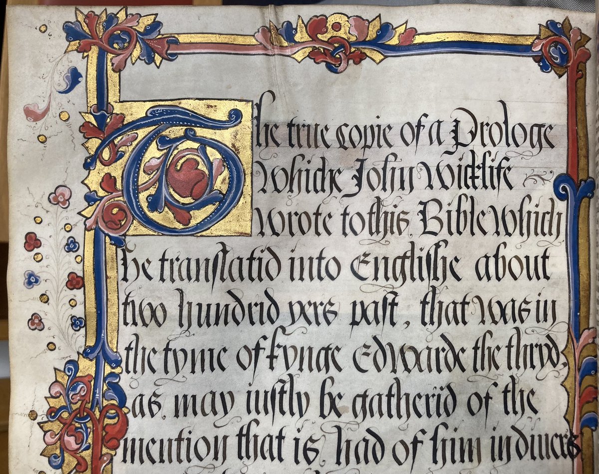 theULSpecColl's tweet image. A great visit from some students based in Germany today, looking at @theul’s religious treasures. The early 14thC Wycliffite Bible was later owned by King Edward VI (MS Mm.2.15). The #Gutenberg Bible leaf was bought at auction in 1870 &amp;amp; is on vellum.