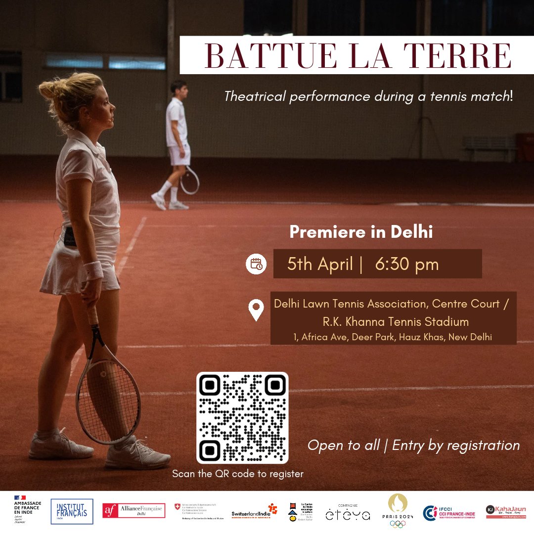 🎭Battue La Terre by Compagnie Étéya Join us for a mesmerizing fusion of tennis's elegance with the magic of theater 🎭 Date: Friday, 5th April | Time: 6:30 pm 📍 Delhi Lawn Tennis Association, Centre Court / R. K Khanna Tennis Stadium @SwissEmbassyIND Free Entry