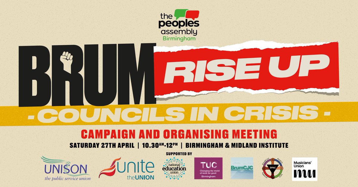 Our local group in Birmingham, @BirminghamPeopA is pulling people together for a #BrumRiseUp campaign & organising meeting. Please come along & get involved. Date: Saturday 27th April Time: 10.30am Place: Birmingham and Midlands Institute RSVP here: actionnetwork.org/events/brum-ri…