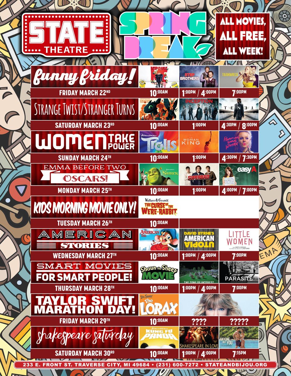 All this week ONLY at your #nonprofit #StateTheatreTC is FREE Spring Break movies. #traversecity #CadillacMI #Kingsley #LakeAnn